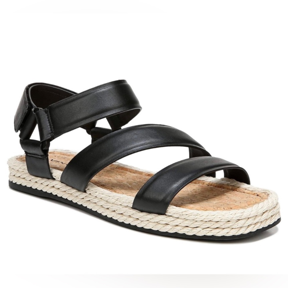 NWT Vince Leather Espadrille Black Strappy Sandals Tonal Ropes Midsole